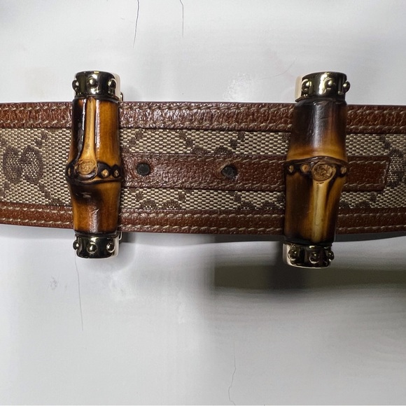 Gucci Bamboo Brown Gold Tan Leather Jackie Fabric GG Monogram Belt - Picture 2 of 10